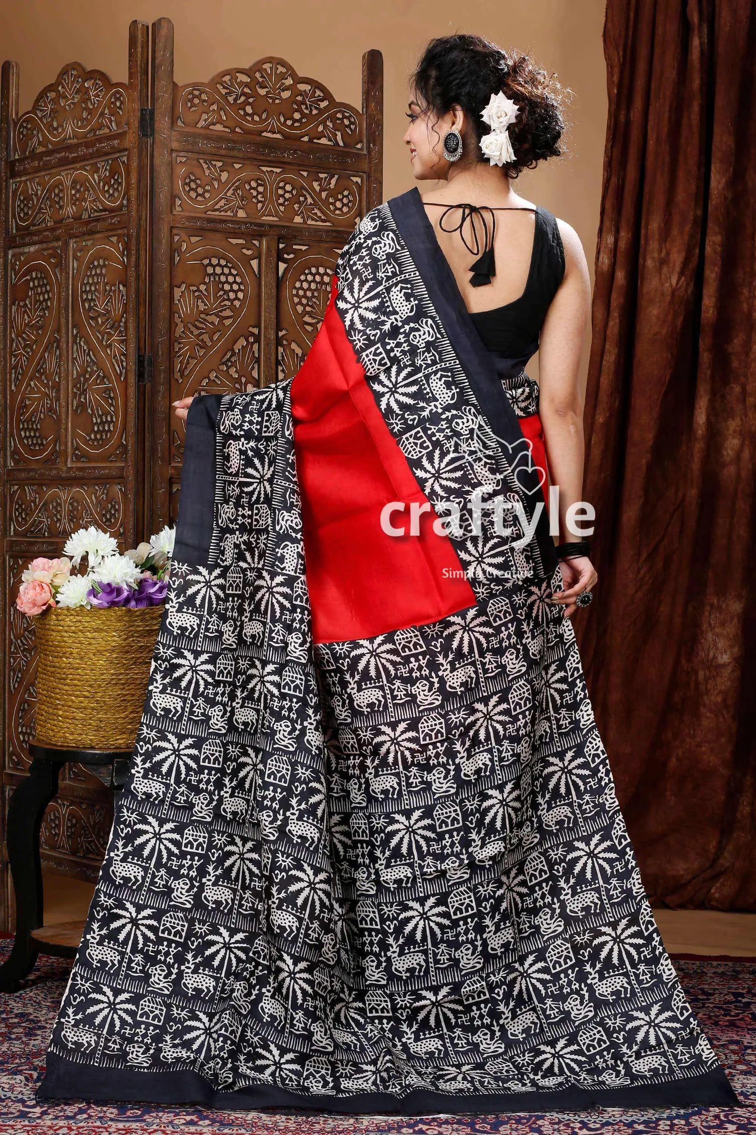 Scarlet red & black pure mulberry silk hand block saree woman red black patterned saree 5