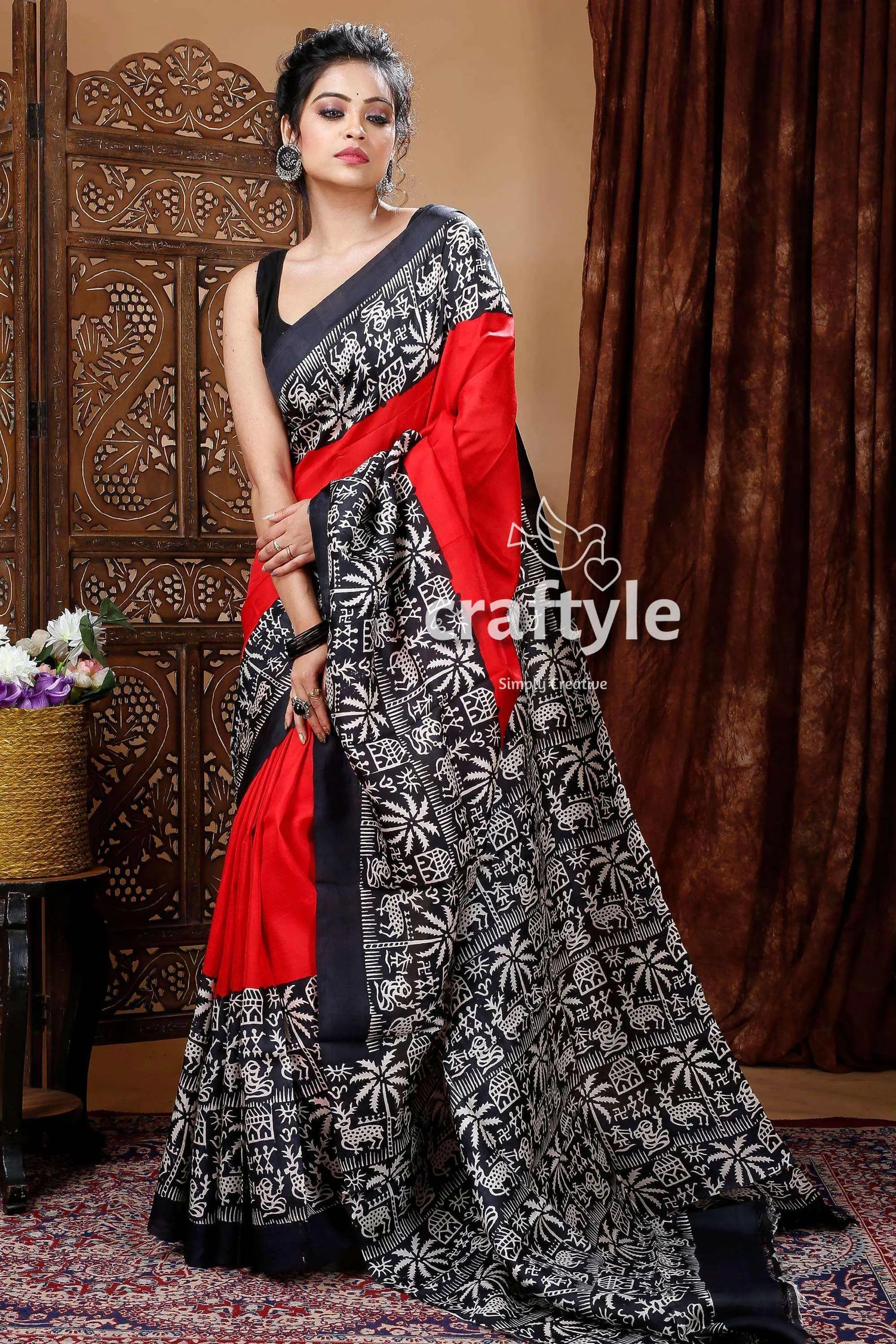 Scarlet red & black pure mulberry silk hand block saree red black patterned saree 1