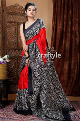 Scarlet red & black pure mulberry silk hand block saree red black patterned saree 1