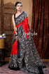 Scarlet red & black pure mulberry silk hand block saree red black patterned saree 1