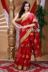 Scarlet red handloom cotton saree red cotton saree windmill motifs 1