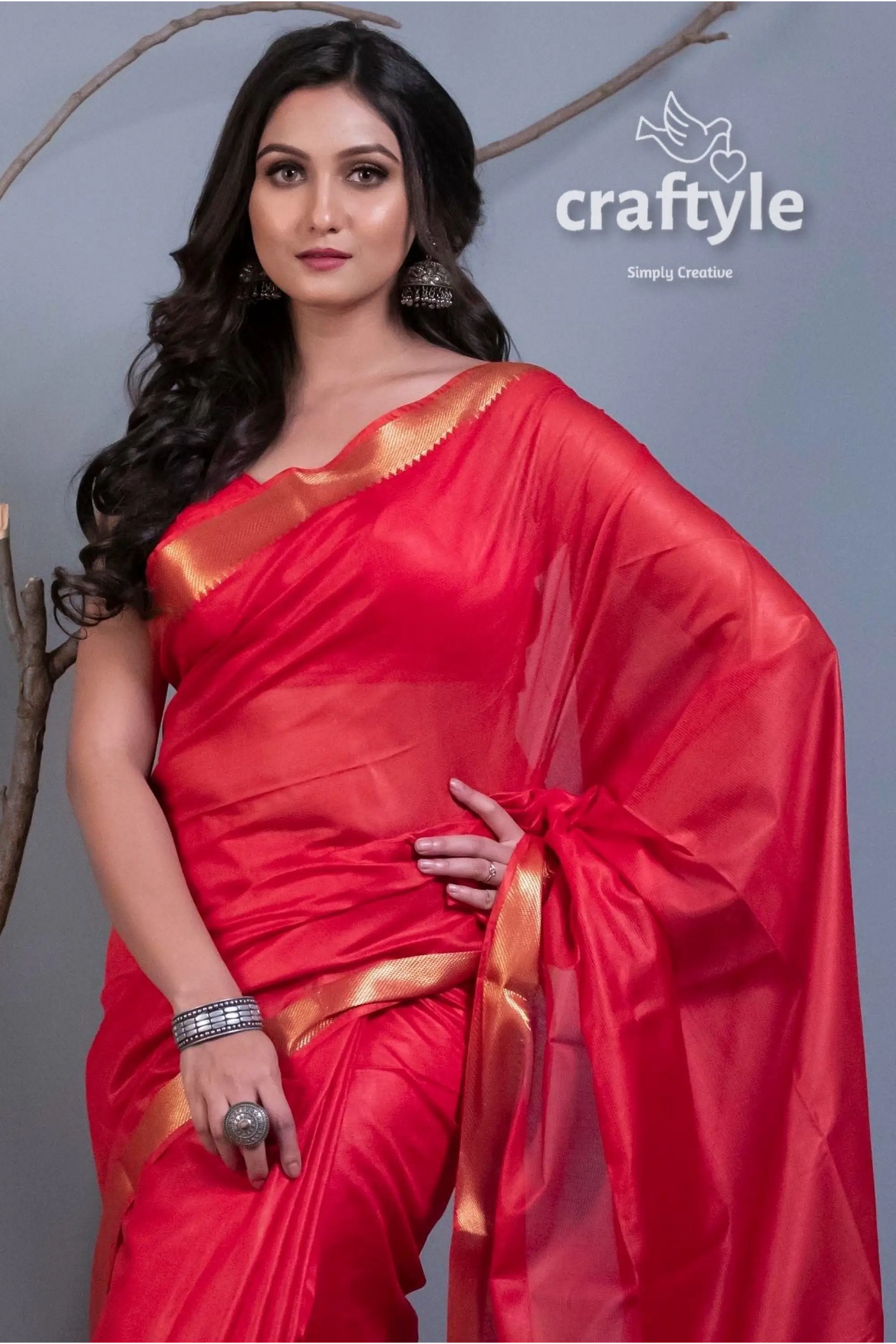 Scarlet red semi silk mangalgiri saree for women red silk saree gold border 2