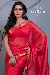 Scarlet red semi silk mangalgiri saree for women red silk saree gold border 2