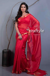Scarlet red semi silk mangalgiri saree for women red saree gold trim 1