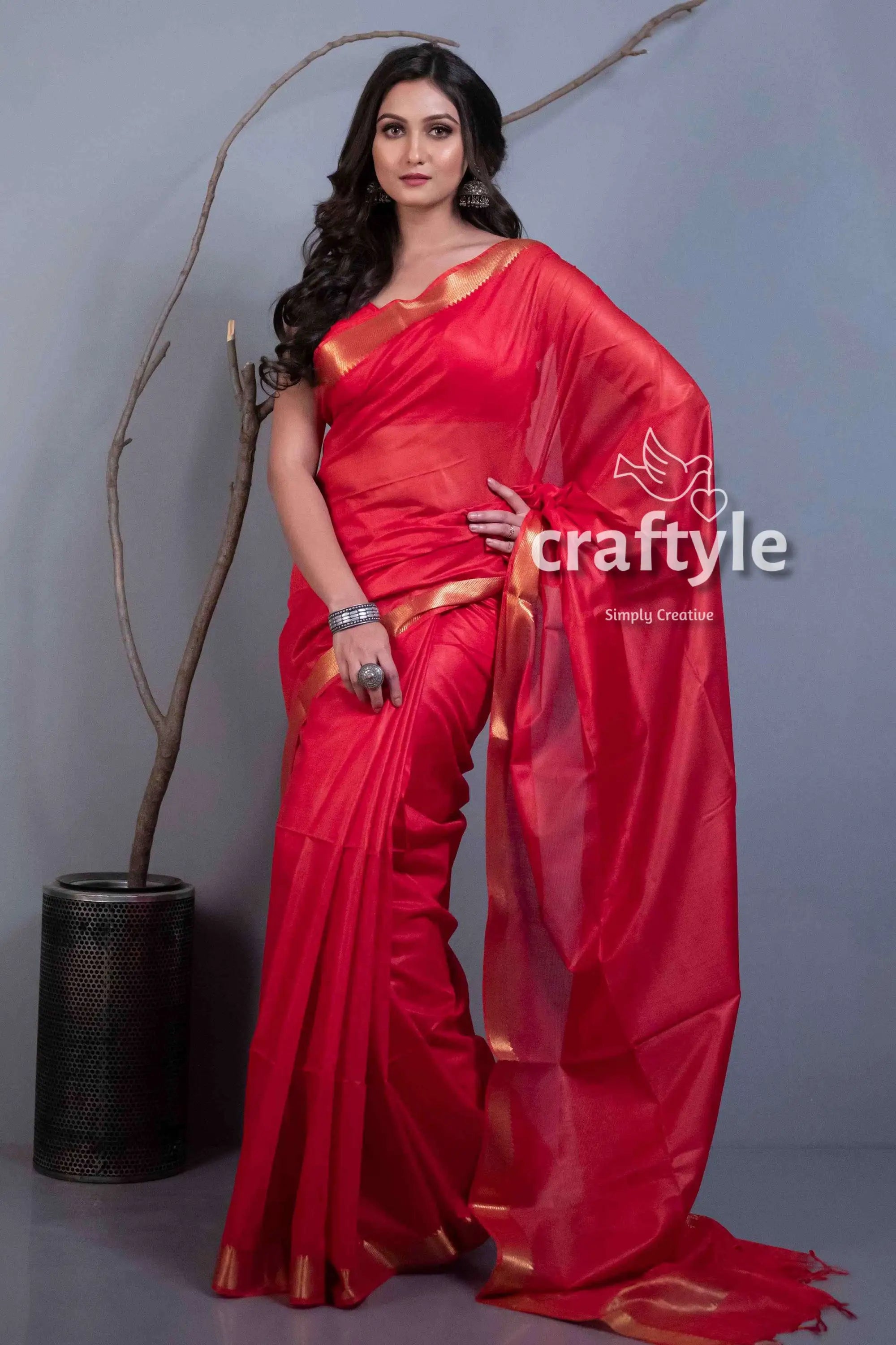 Scarlet red semi silk mangalgiri saree for women red saree gold trim 1