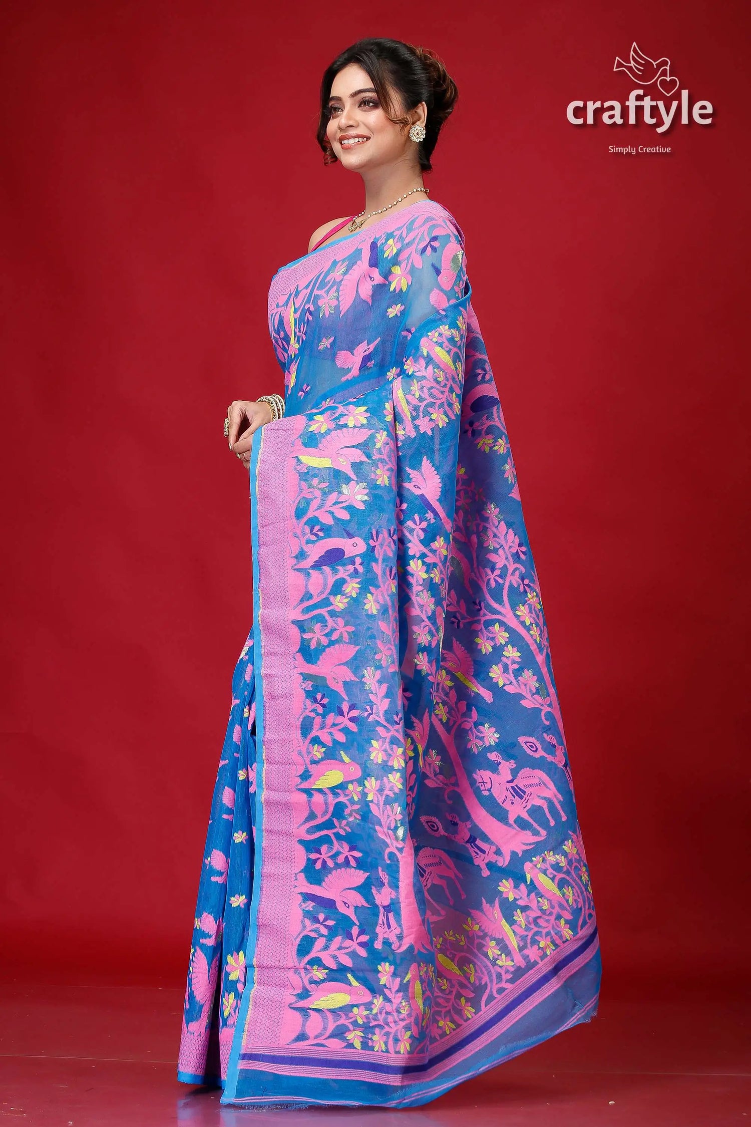 Science blue classic jamdani saree blue pink patterned saree 3