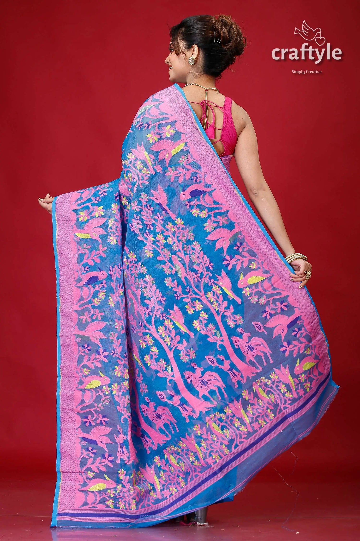 Science blue classic jamdani saree blue pink patterned saree 5