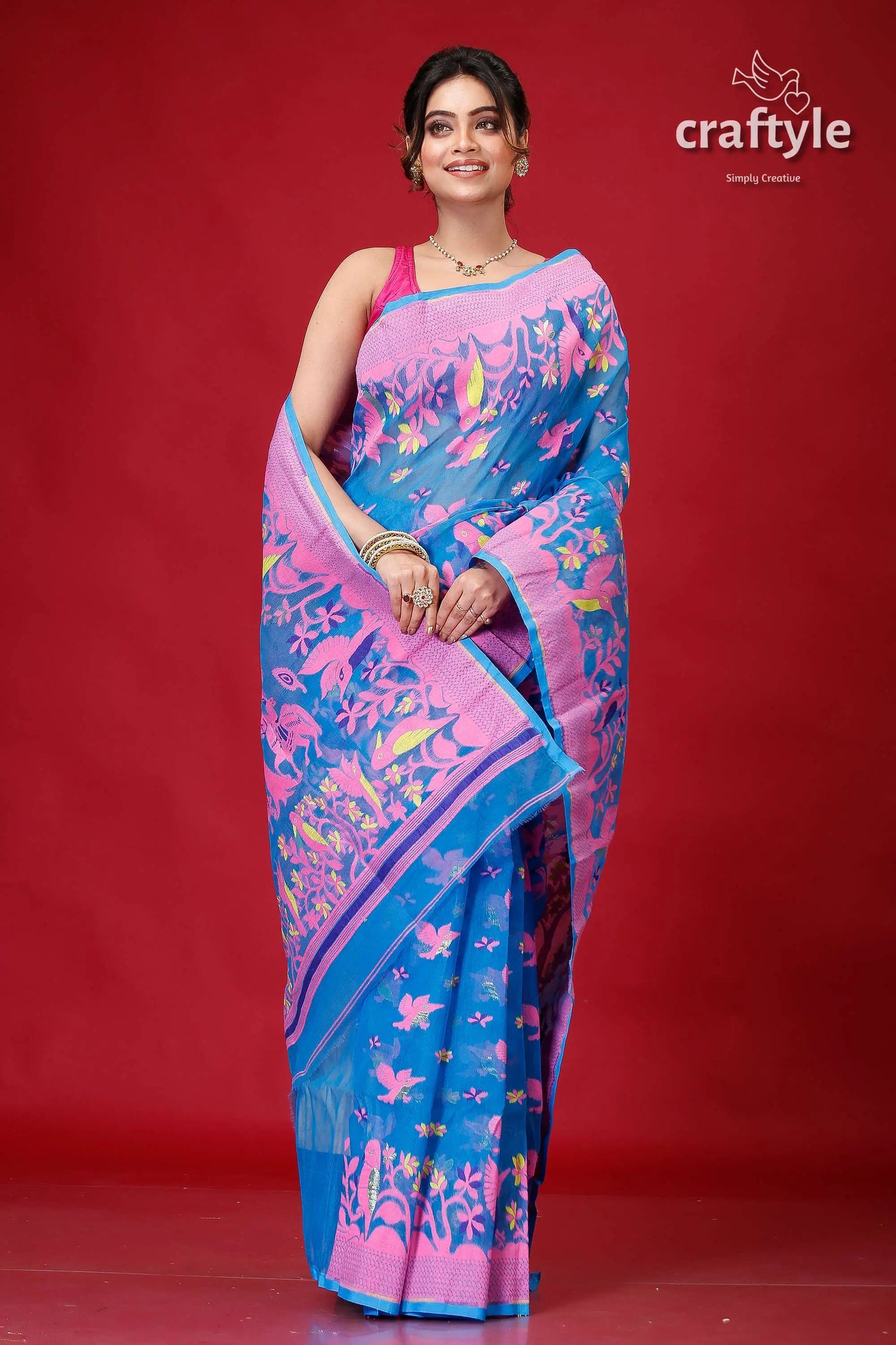 Science blue classic jamdani saree woman blue pink saree 4