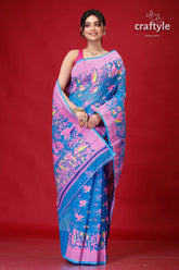 Science blue classic jamdani saree woman blue pink saree 4