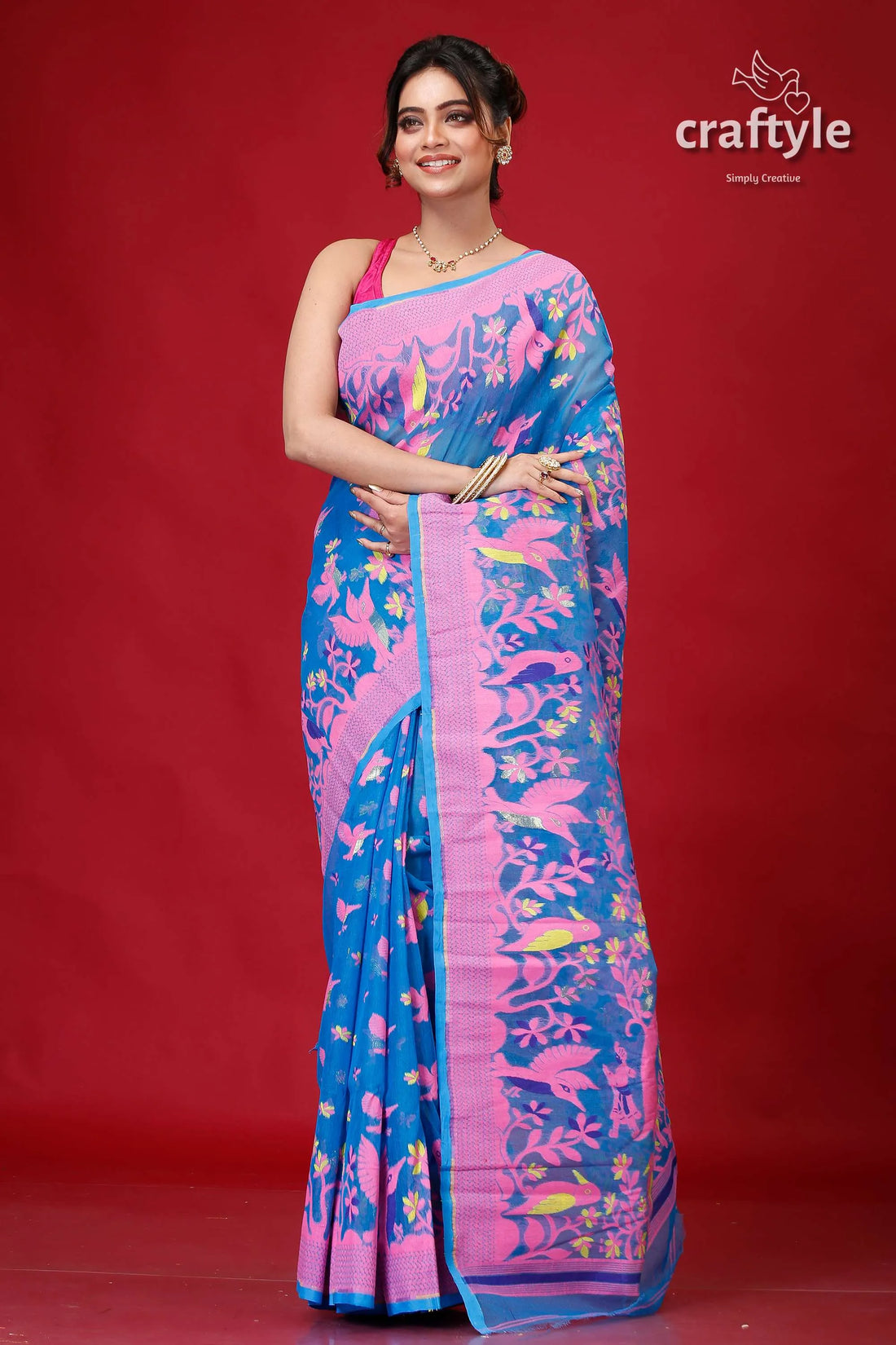 Science blue classic jamdani saree pink floral 1