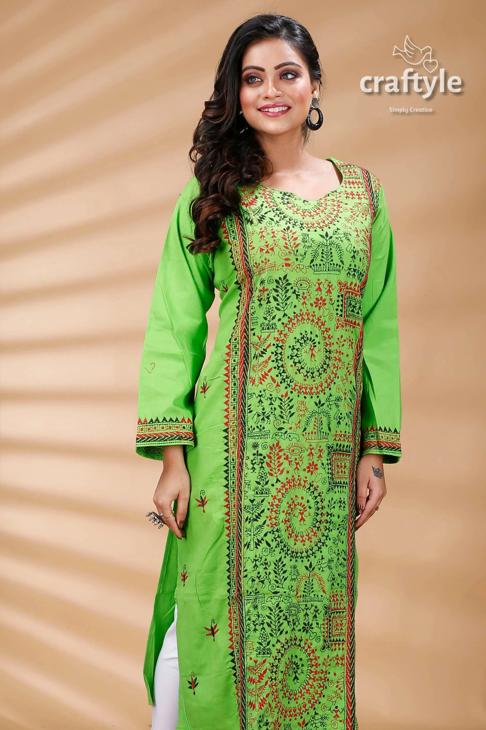 Screamin green warli pattern kantha embroidered cotton kurti kurta 2