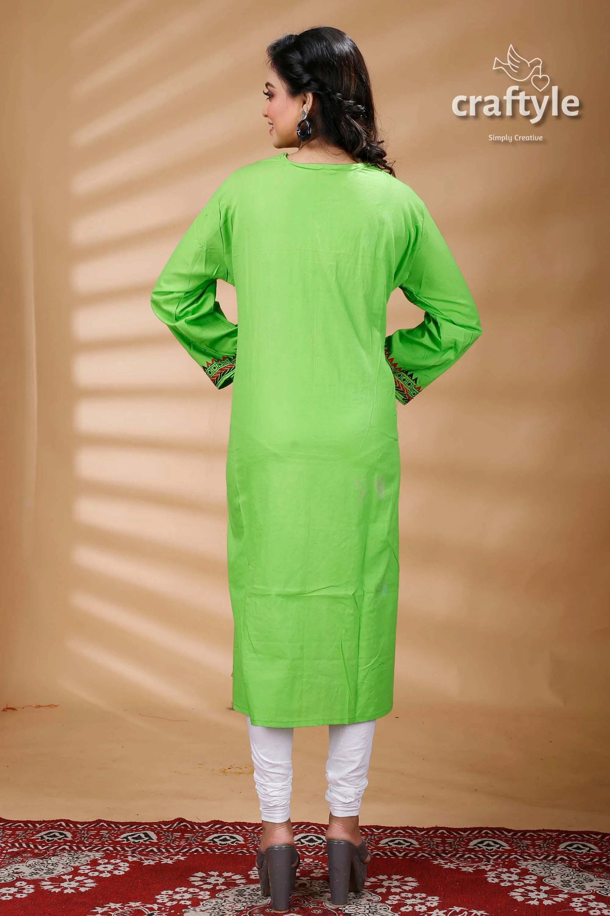 Screamin green warli pattern kantha embroidered cotton kurti long-sleeved kurta 4