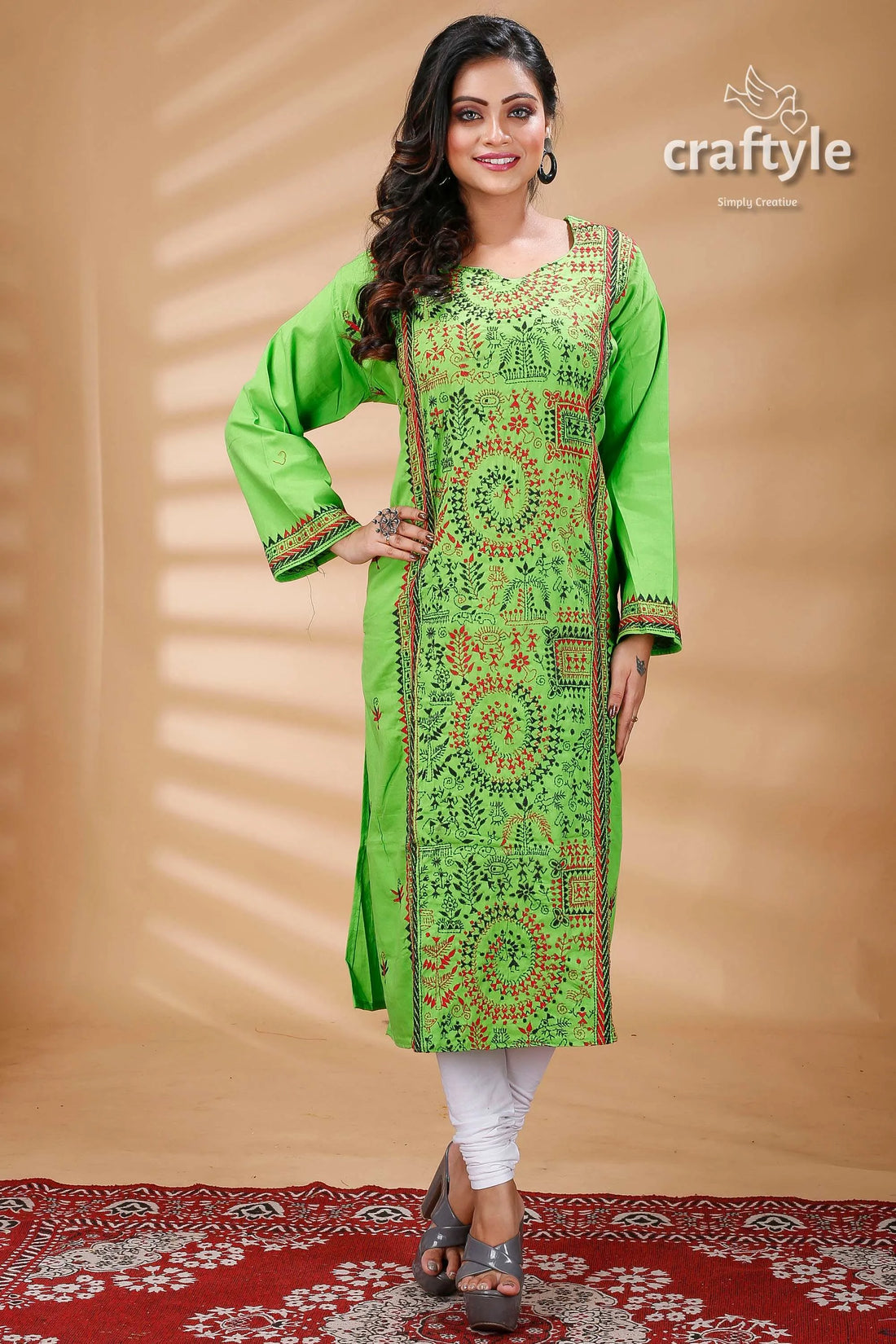 Screamin green warli pattern kantha embroidered cotton kurti kurta 1