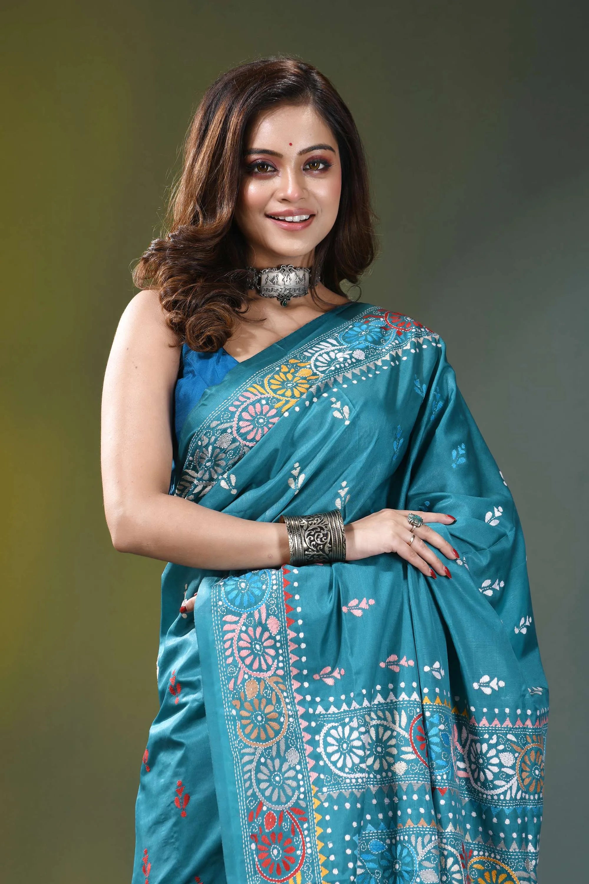 Sea green floral design hand kantha embroidery silk saree teal silk saree intricate floral 2