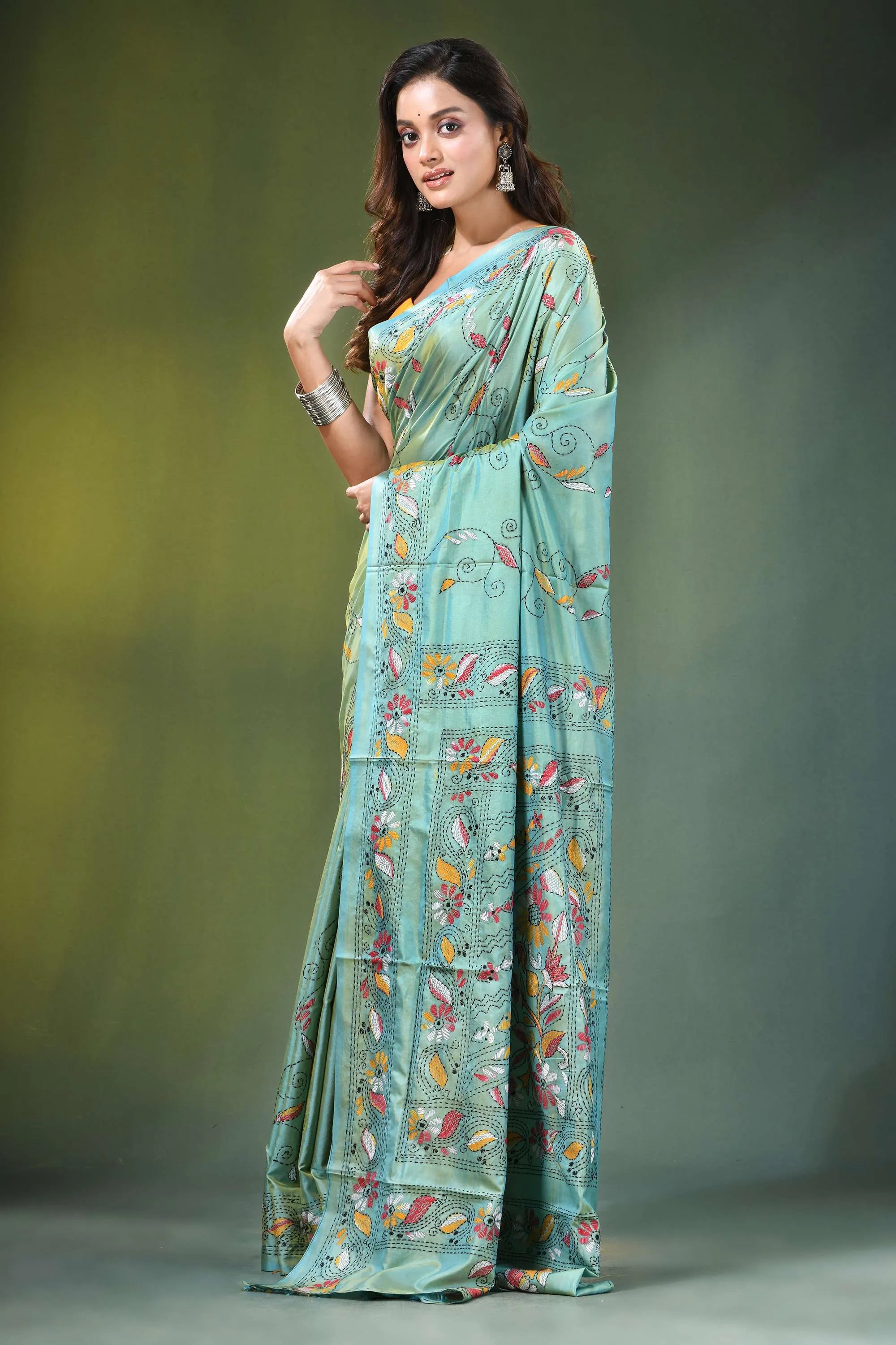 Sea green hand embroidered floral motif kantha work silk saree light teal adorned 3