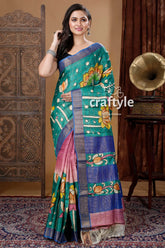 Sea green lotus design zari border pure tussar kalamkari sari woman green pink floral saree 1