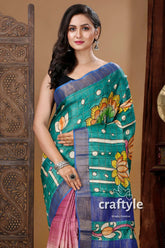 Sea green lotus design zari border pure tussar kalamkari sari woman green pink saree 2
