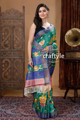 Sea green lotus design zari border pure tussar kalamkari sari woman colorful saree 4