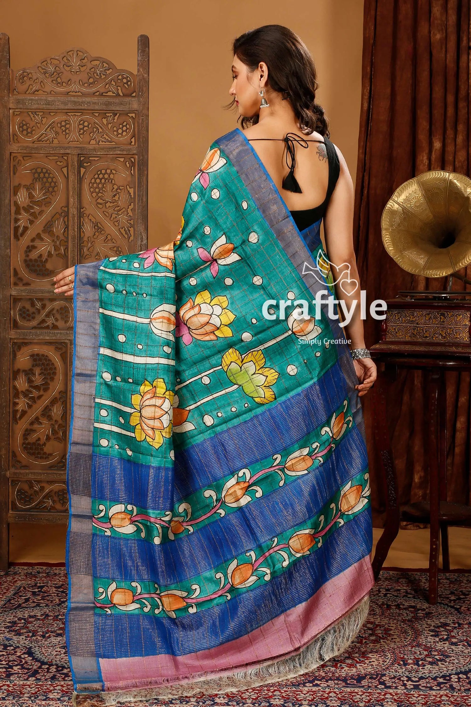 Sea green lotus design zari border pure tussar kalamkari sari green blue floral-patterned saree 5