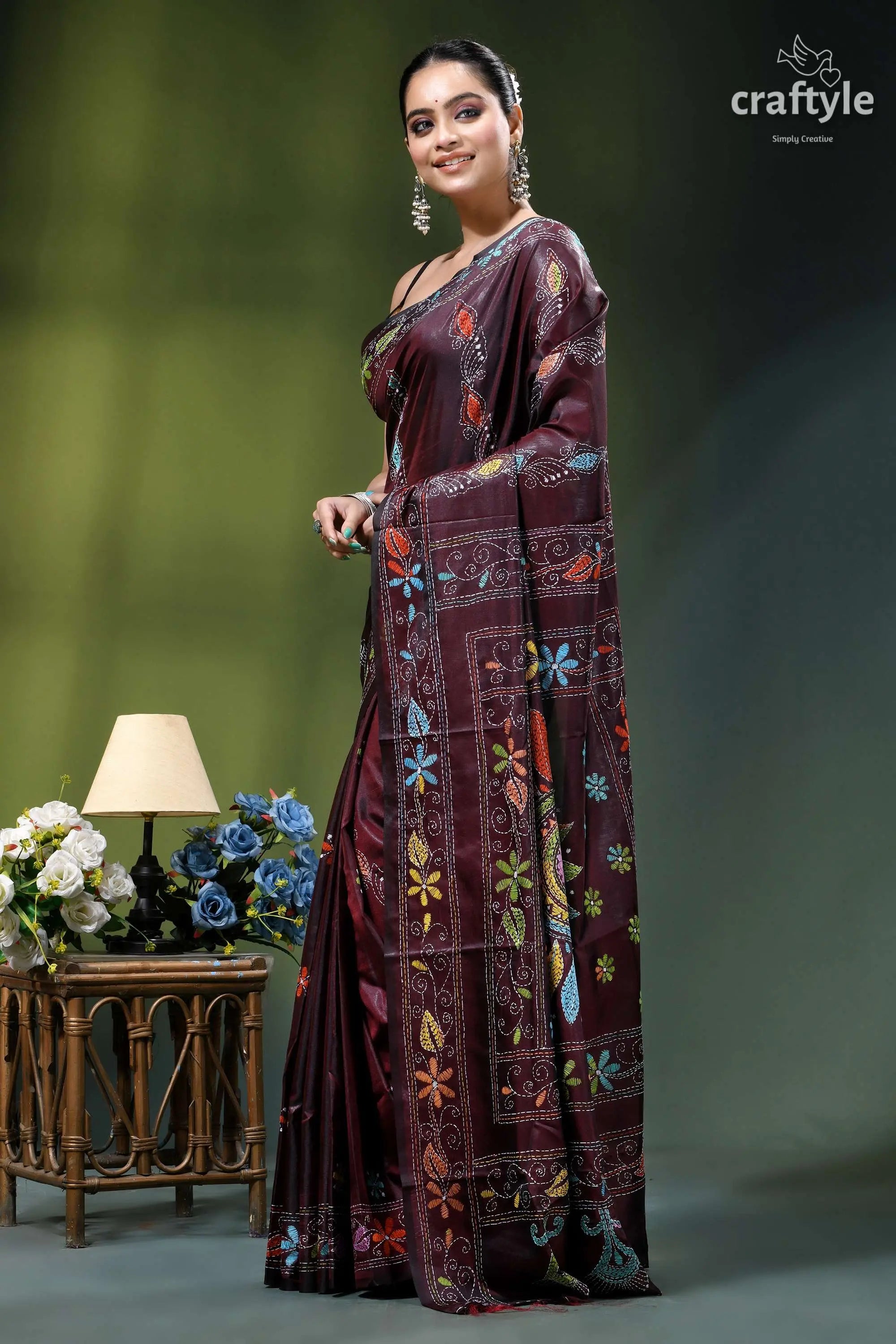 Seal brown silk kantha stitch saree - multi-thread floral design maroon silk saree adorned intricate 3