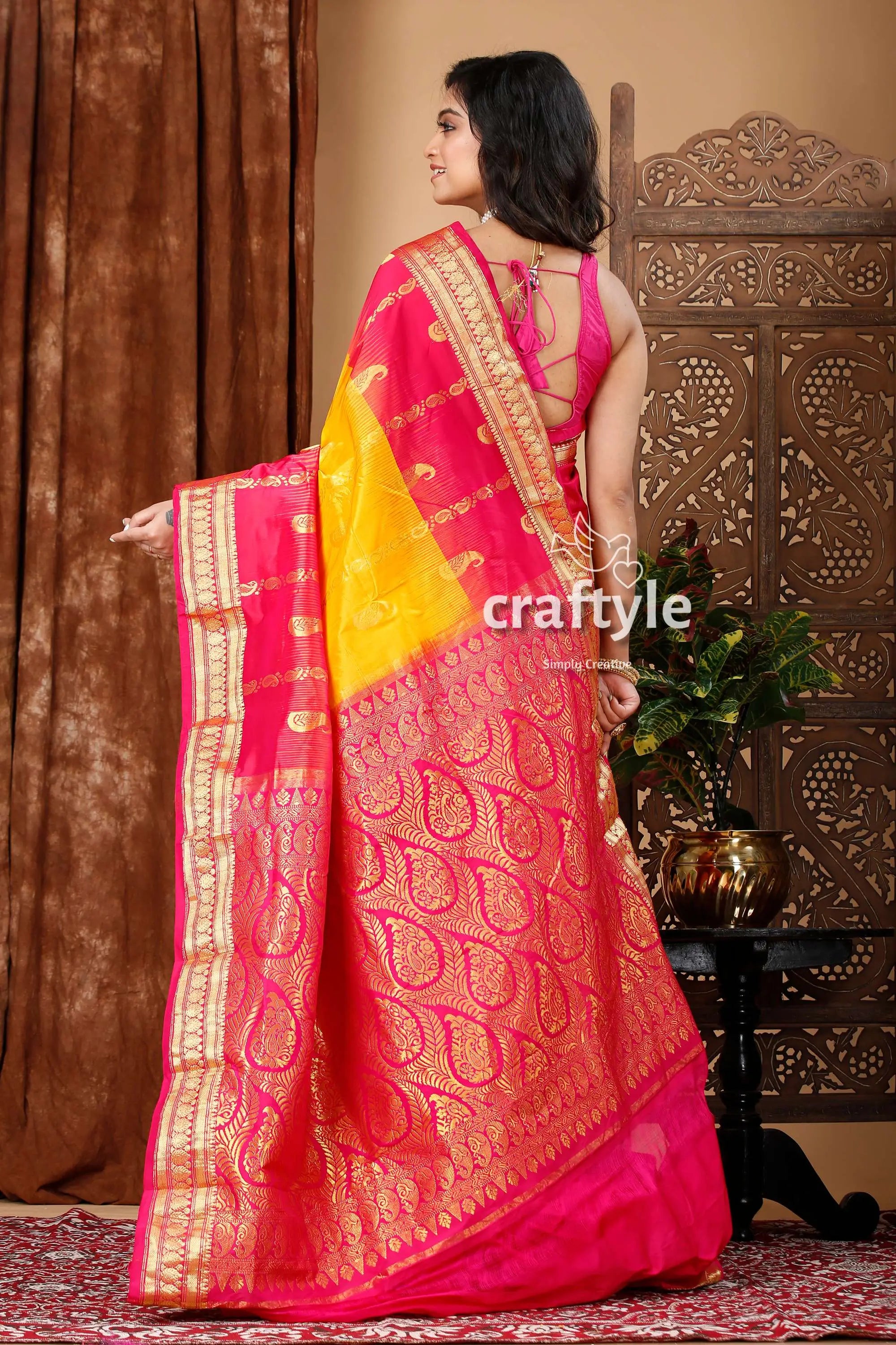 Selective yellow and magenta kanjivaram silk saree yellow pink silk saree 5