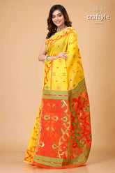 Selective yellow exclusive jamdani saree yellow red patterned saree 3