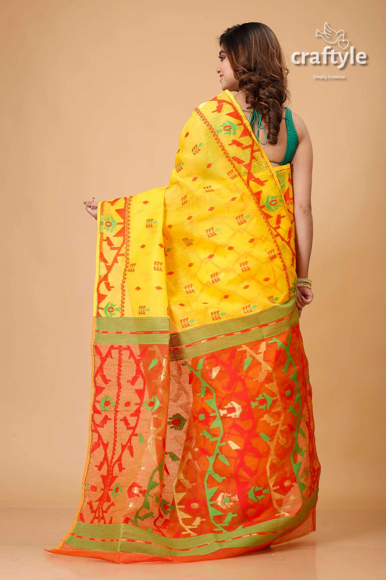 Selective yellow exclusive jamdani saree yellow orange patterned saree 5