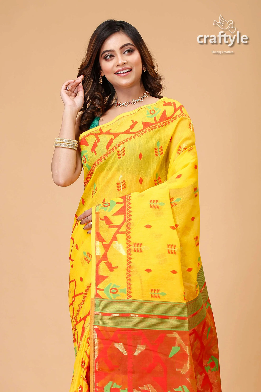 Selective yellow exclusive jamdani saree cotton red green 2