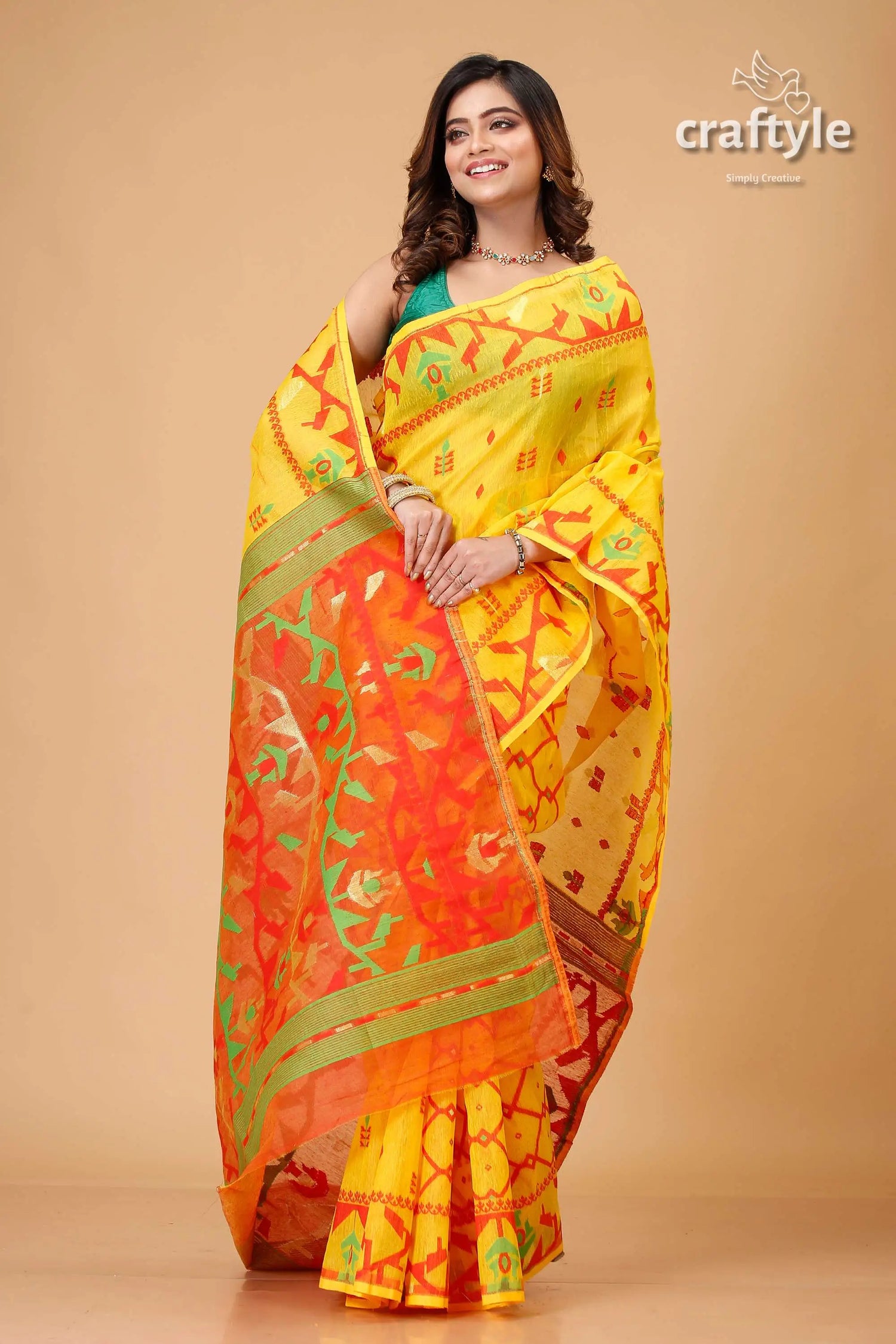 Selective yellow exclusive jamdani saree yellow orange patterned saree 4