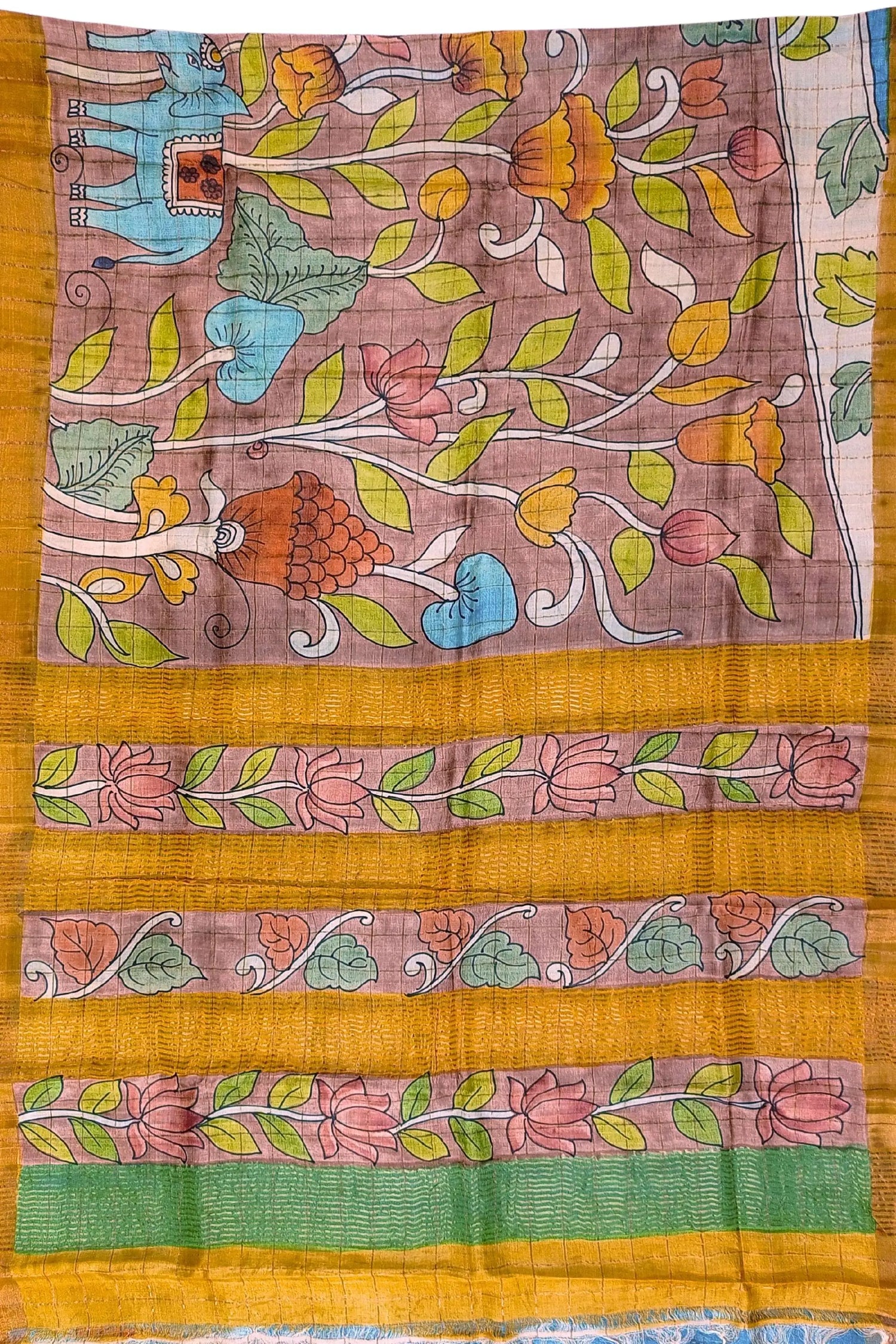Sepia tan & blue hand painted zari border pure tussar kalamkari sari floral animal patterned saree 5