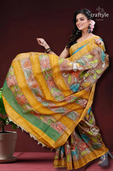Sepia tan & blue hand painted zari border pure tussar kalamkari sari yellow green floral-patterned saree 3