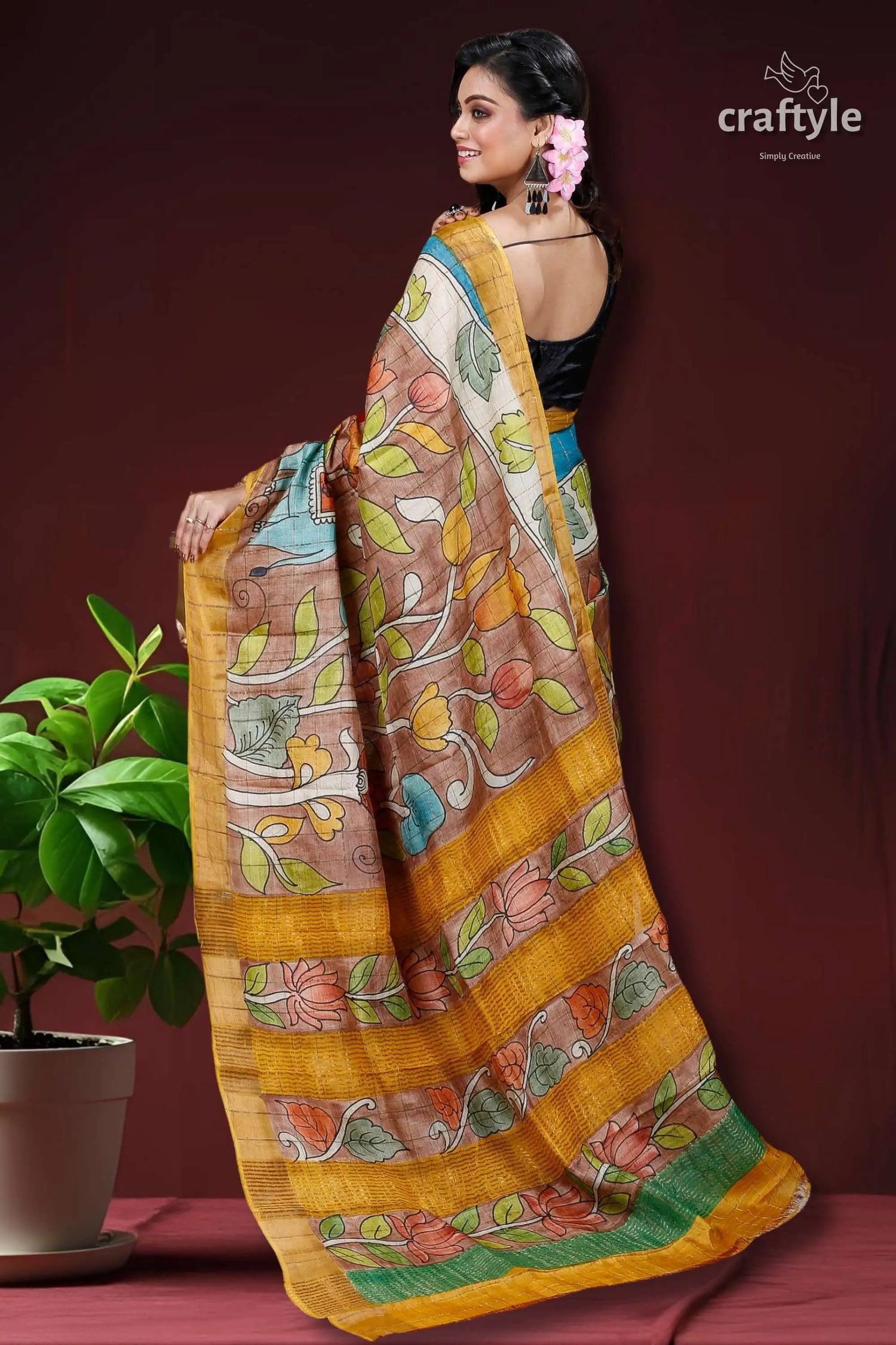 Sepia tan & blue hand painted zari border pure tussar kalamkari sari floral-patterned yellow saree 4