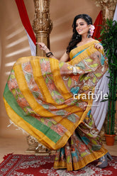 Sepia Tan & Blue Hand Painted Zari Border Pure Tussar Kalamkari Sari - Craftyle