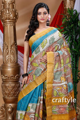 Sepia Tan & Blue Hand Painted Zari Border Pure Tussar Kalamkari Sari - Craftyle