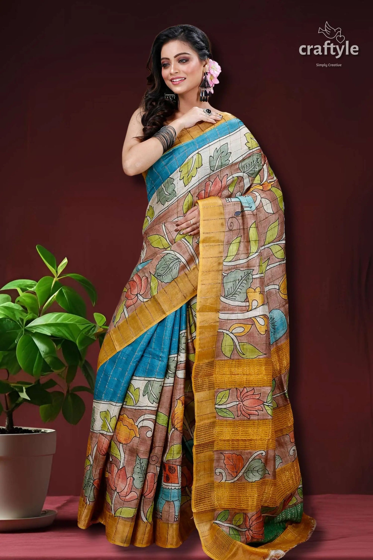 Sepia tan & blue hand painted zari border pure tussar kalamkari sari floral-patterned saree gold border 1