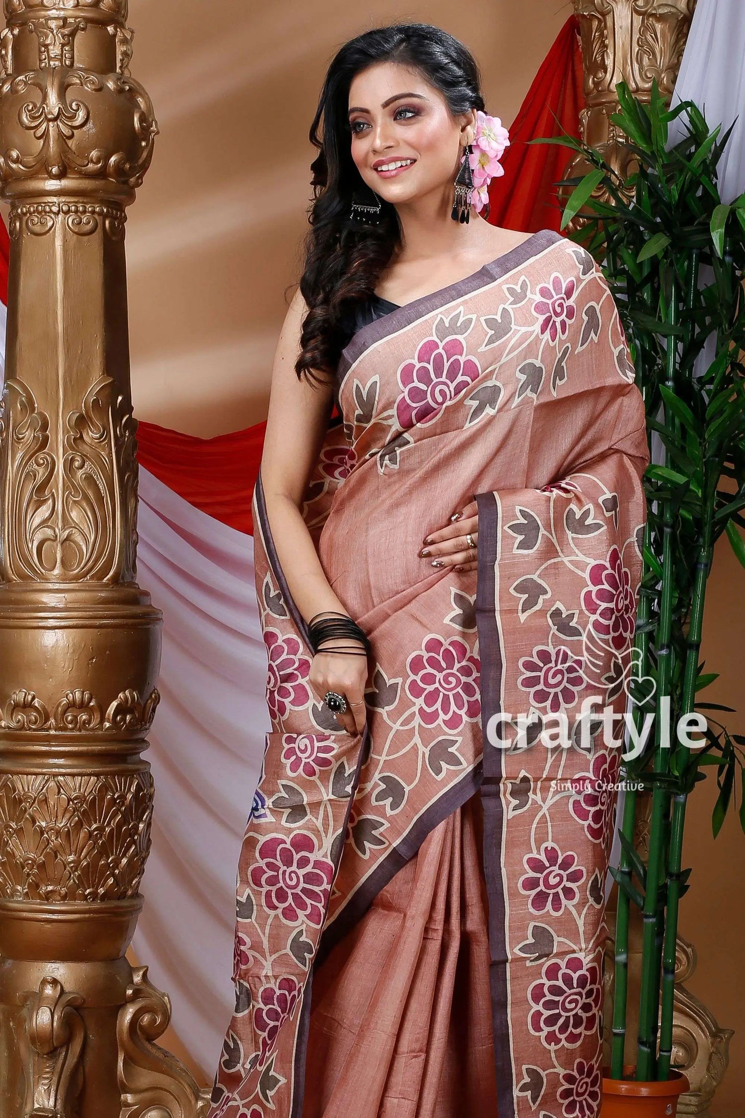 Sepia tan color hand painted pure tussar saree floral-patterned saree 3