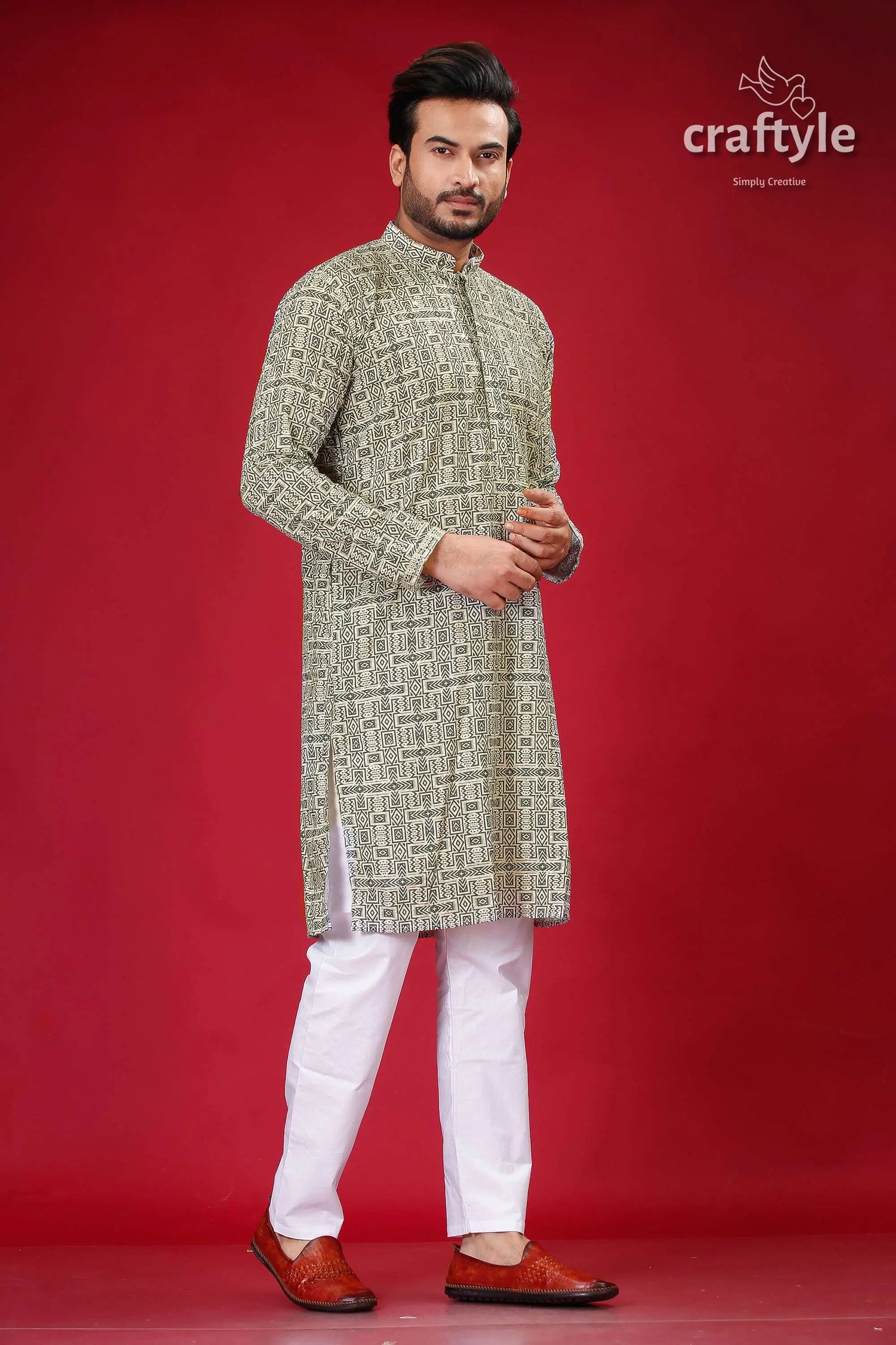 Sequin embellished dark olive green westar embroidery kurta for men man patterned kurta white pants 4