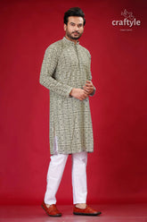 Sequin embellished dark olive green westar embroidery kurta for men man patterned kurta white pants 4