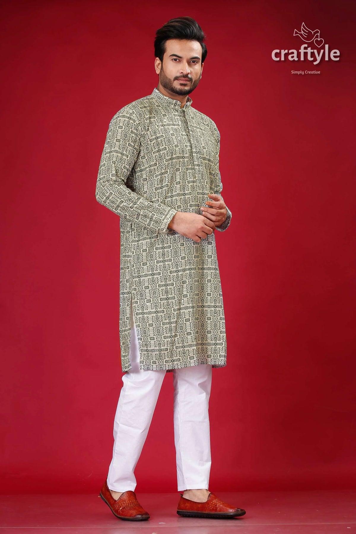 Sequin embellished dark olive green-westar embroidery kurta for men man patterned white pants 4