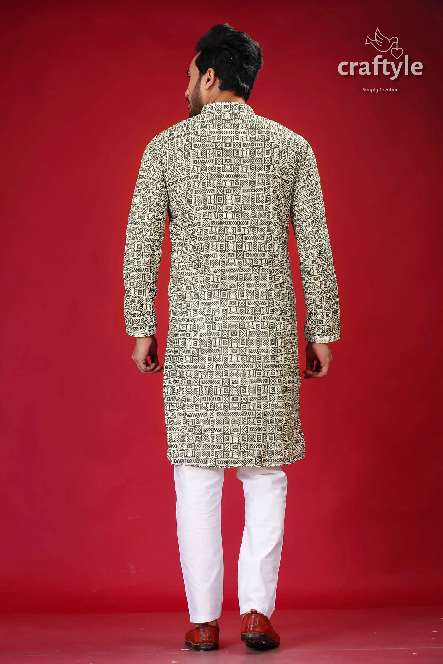 Sequin embellished dark olive green westar embroidery kurta for men man’s patterned kurta pajama 5