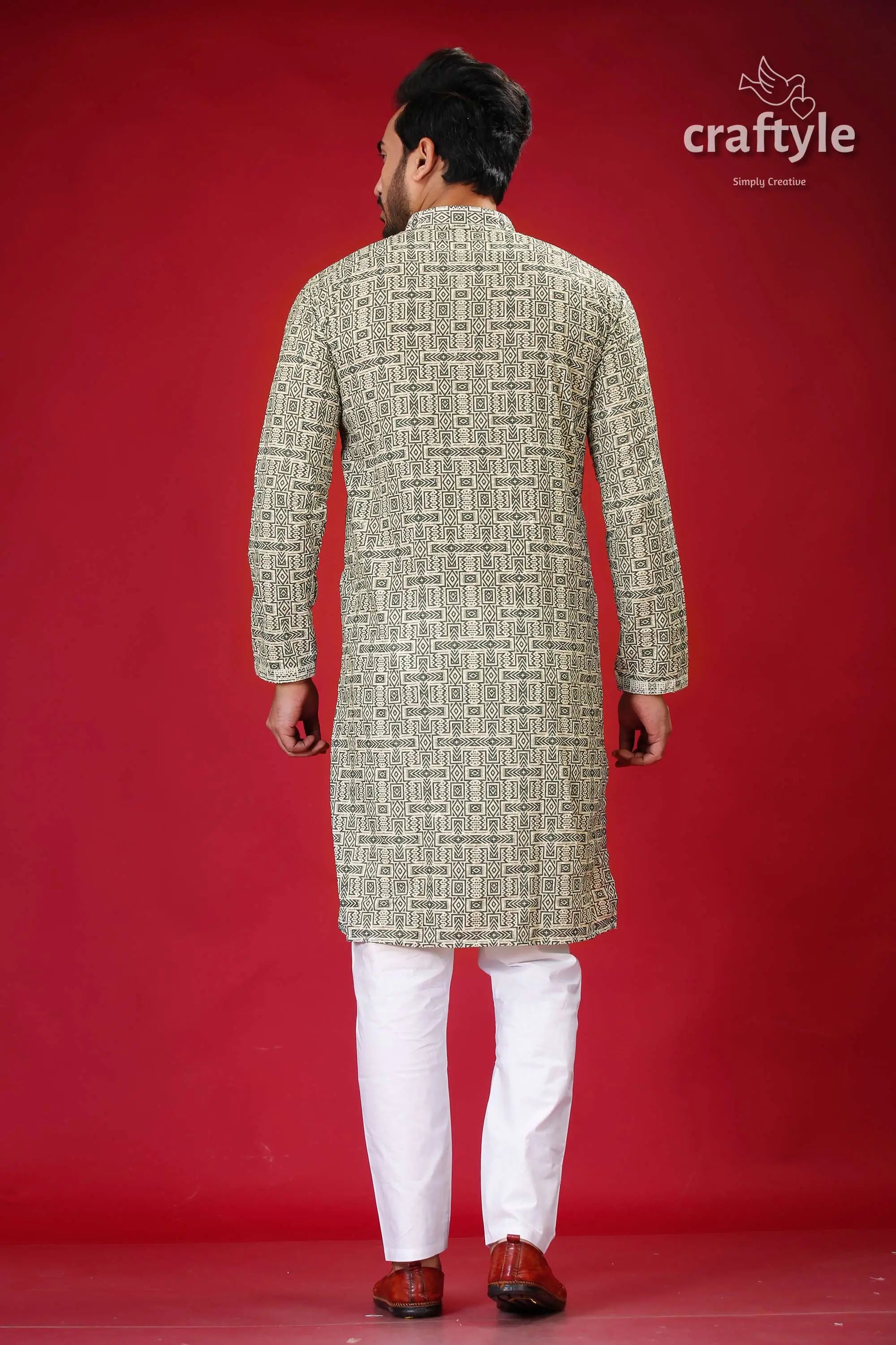 Sequin embellished dark olive green-westar embroidery kurta for men man’s patterned kurta pajama 5