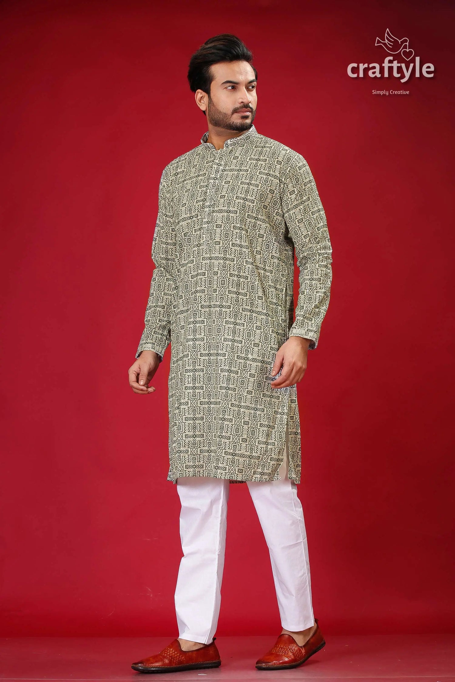 Sequin embellished dark olive green westar embroidery kurta for men man patterned kurta white pants 3