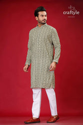 Sequin embellished dark olive green westar embroidery kurta for men man patterned kurta white pants 3