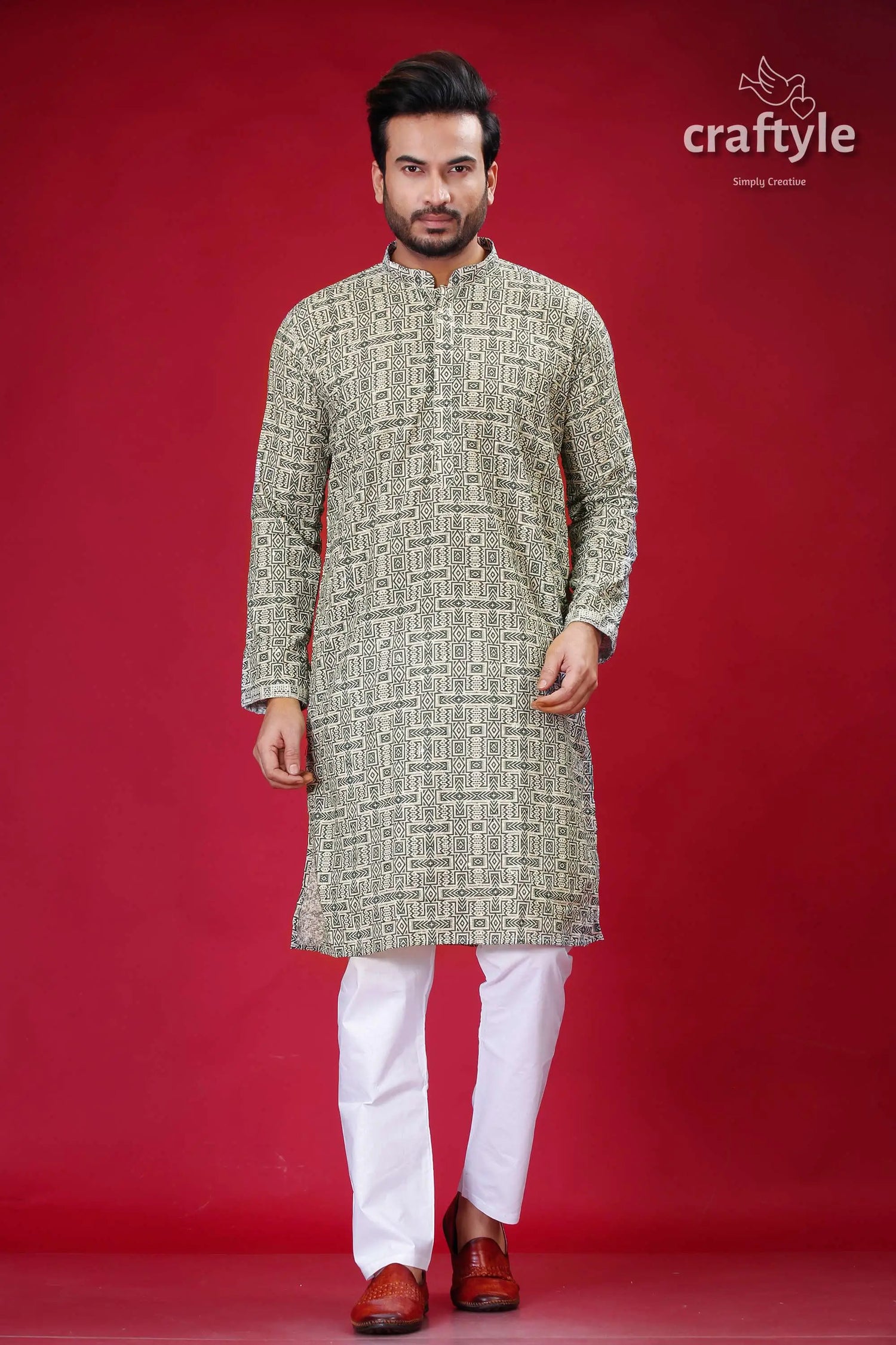 Sequin embellished dark olive green westar embroidery kurta for men man patterned kurta white pants 1