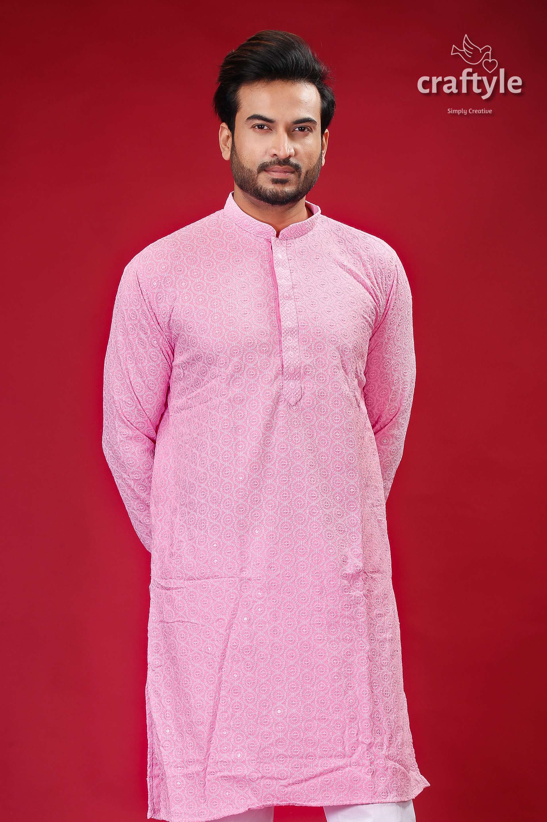Sequin-Embellished Lavender Pink Chikankari Kurta for Men - Craftyle