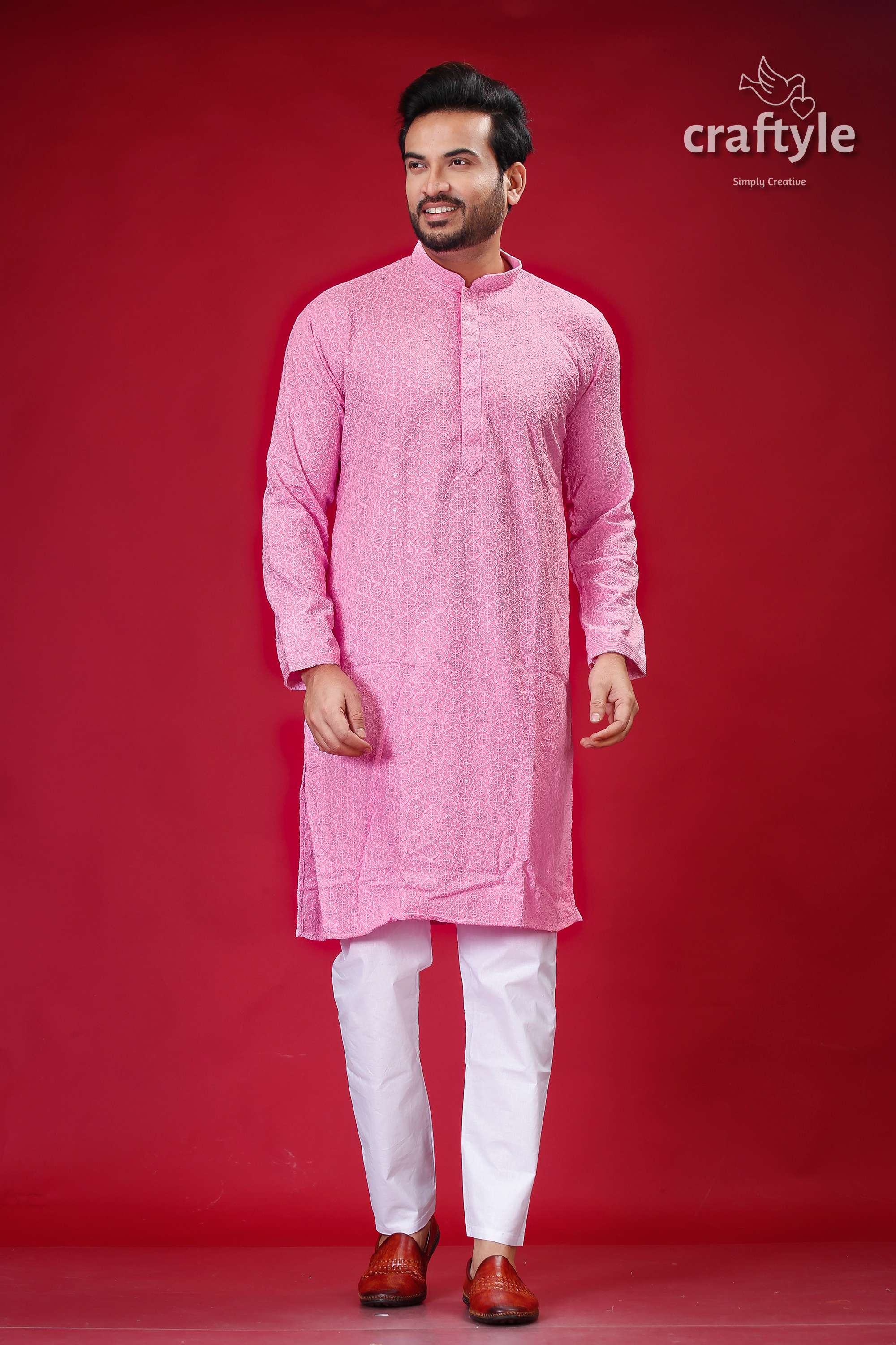 Sequin-Embellished Lavender Pink Chikankari Kurta for Men - Craftyle