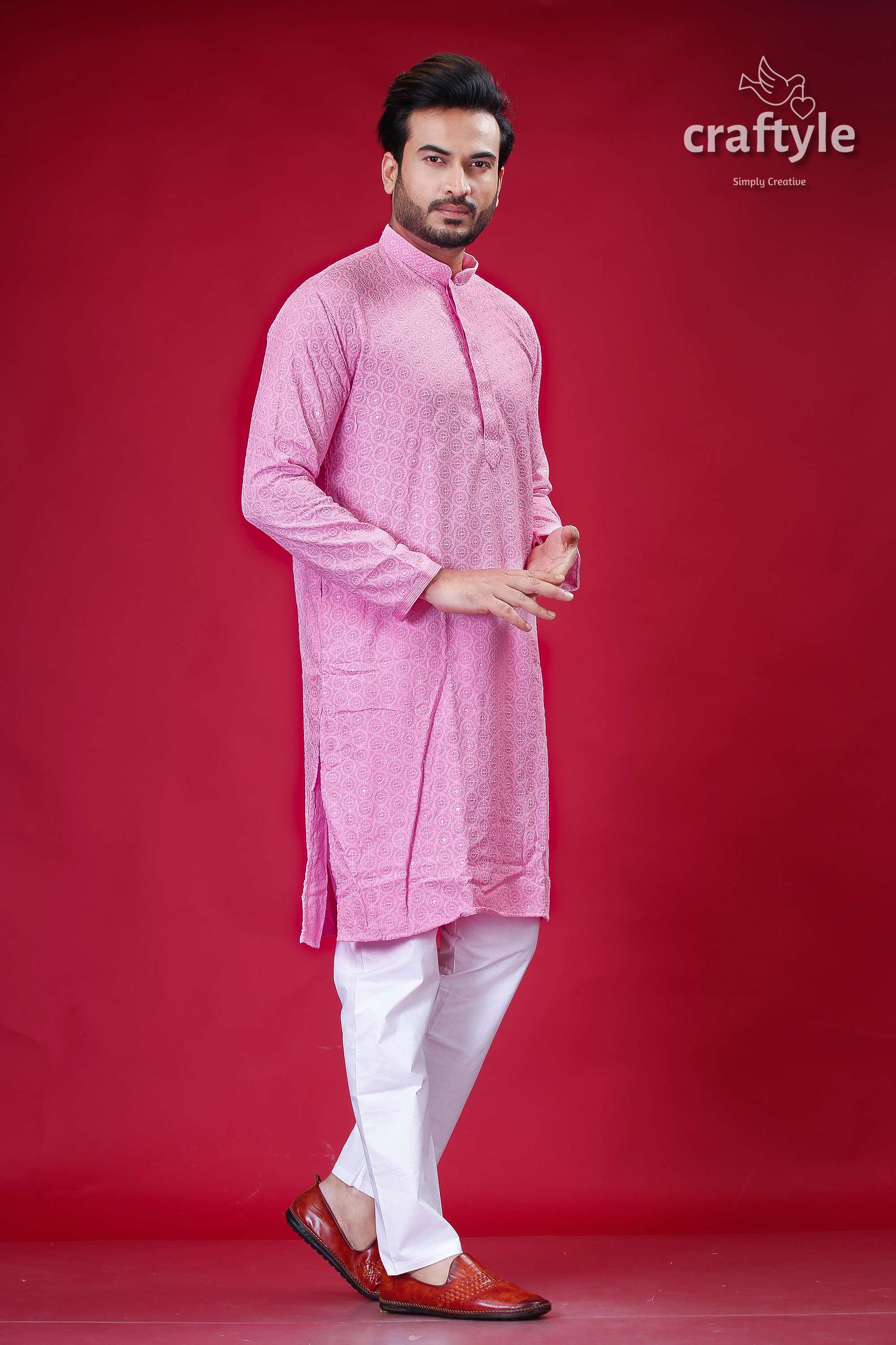 Sequin-Embellished Lavender Pink Chikankari Kurta for Men - Craftyle