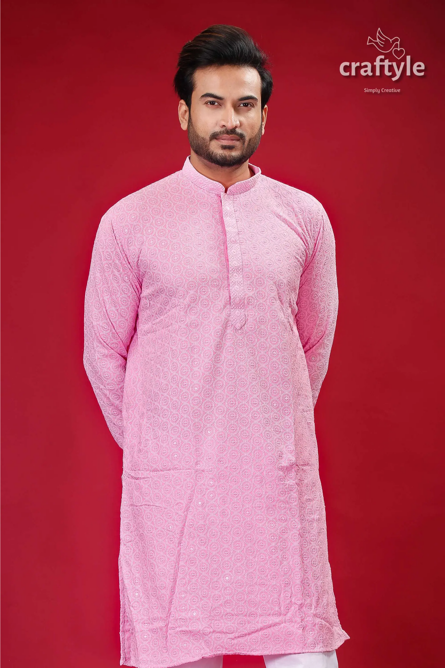 Sequin embellished lavender pink chikankari kurta for men pink embroidered kurta 2