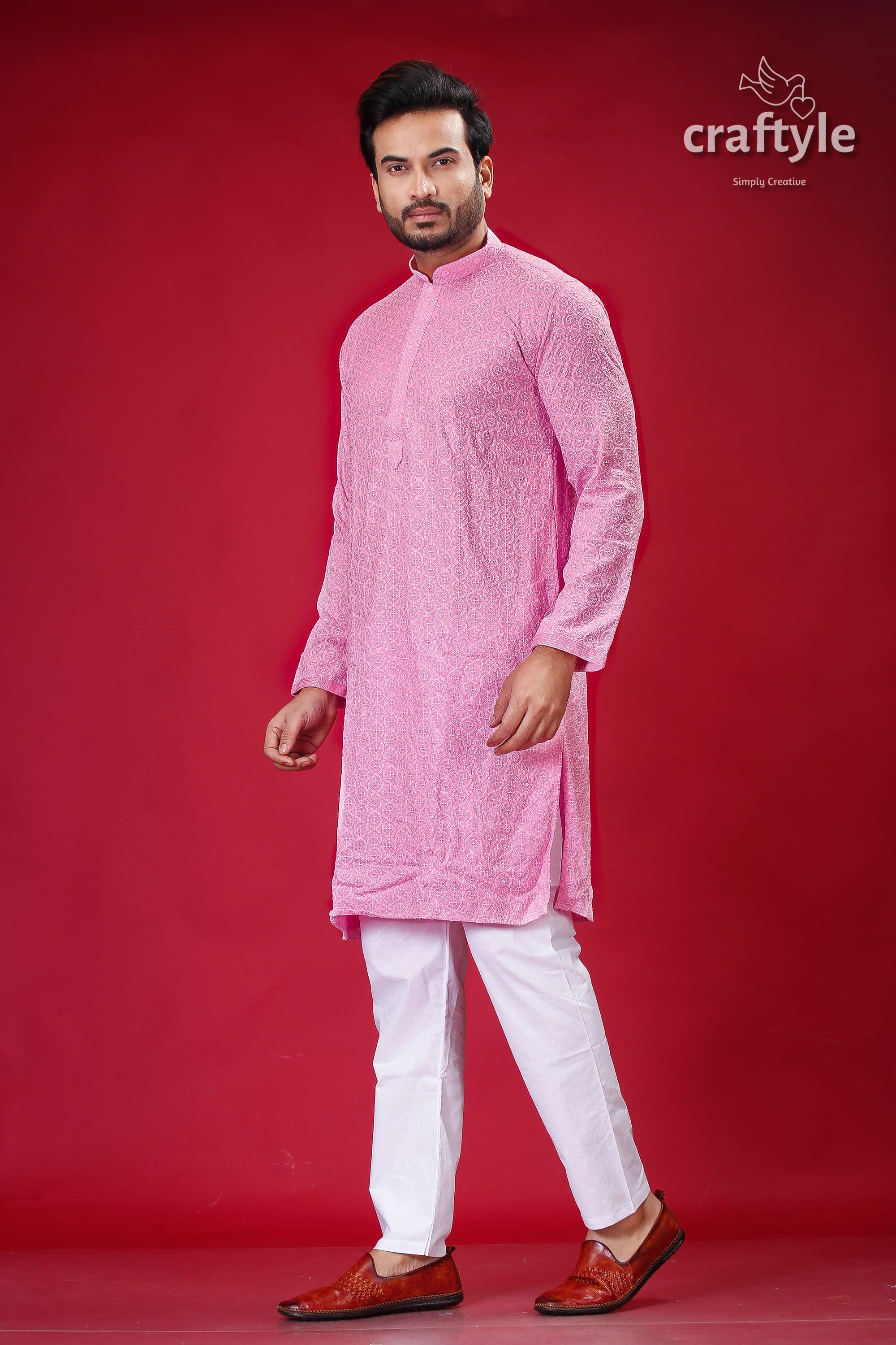 Sequin-Embellished Lavender Pink Chikankari Kurta for Men - Craftyle