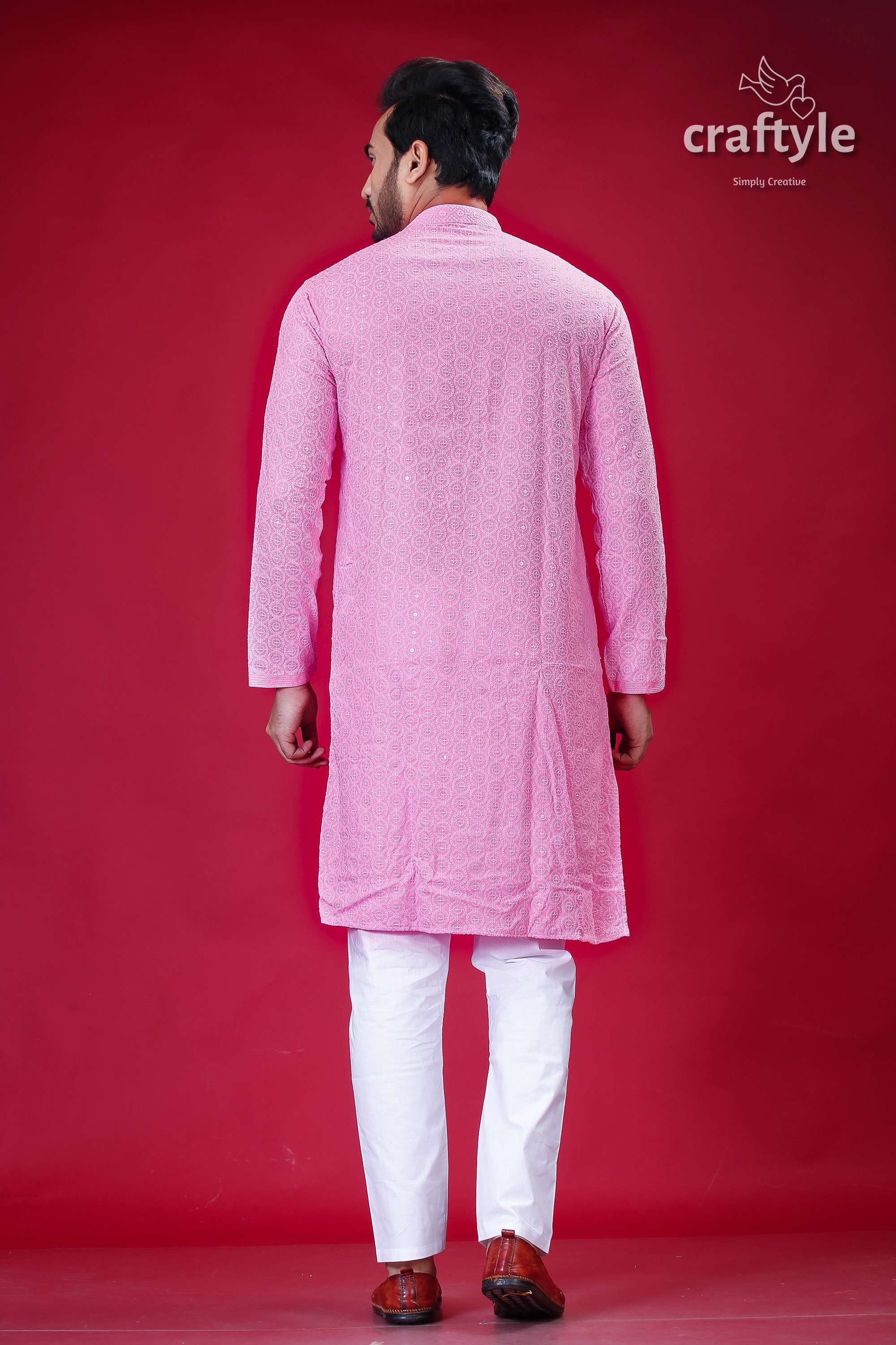 Sequin-Embellished Lavender Pink Chikankari Kurta for Men - Craftyle